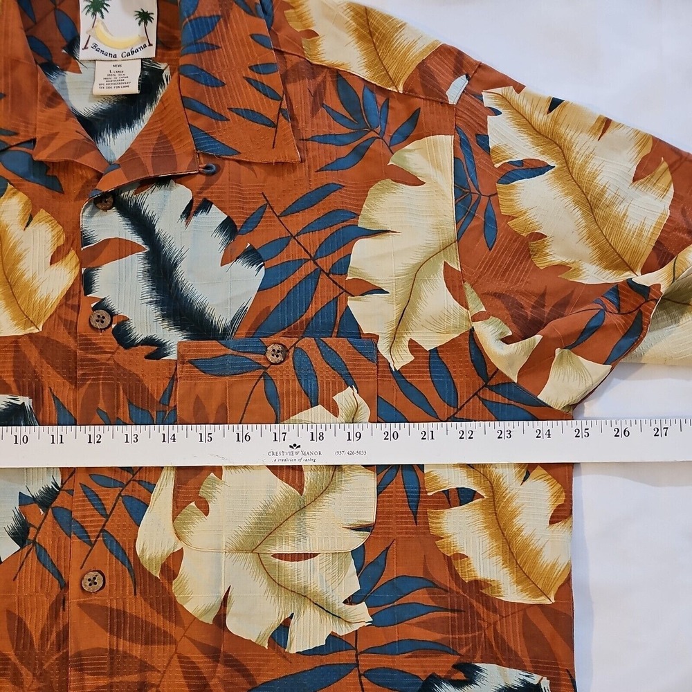 Men's Banana Cabana Hawaiian Silk Shirt Tropical Palms Rust Brown Large - Picture 3 of 5